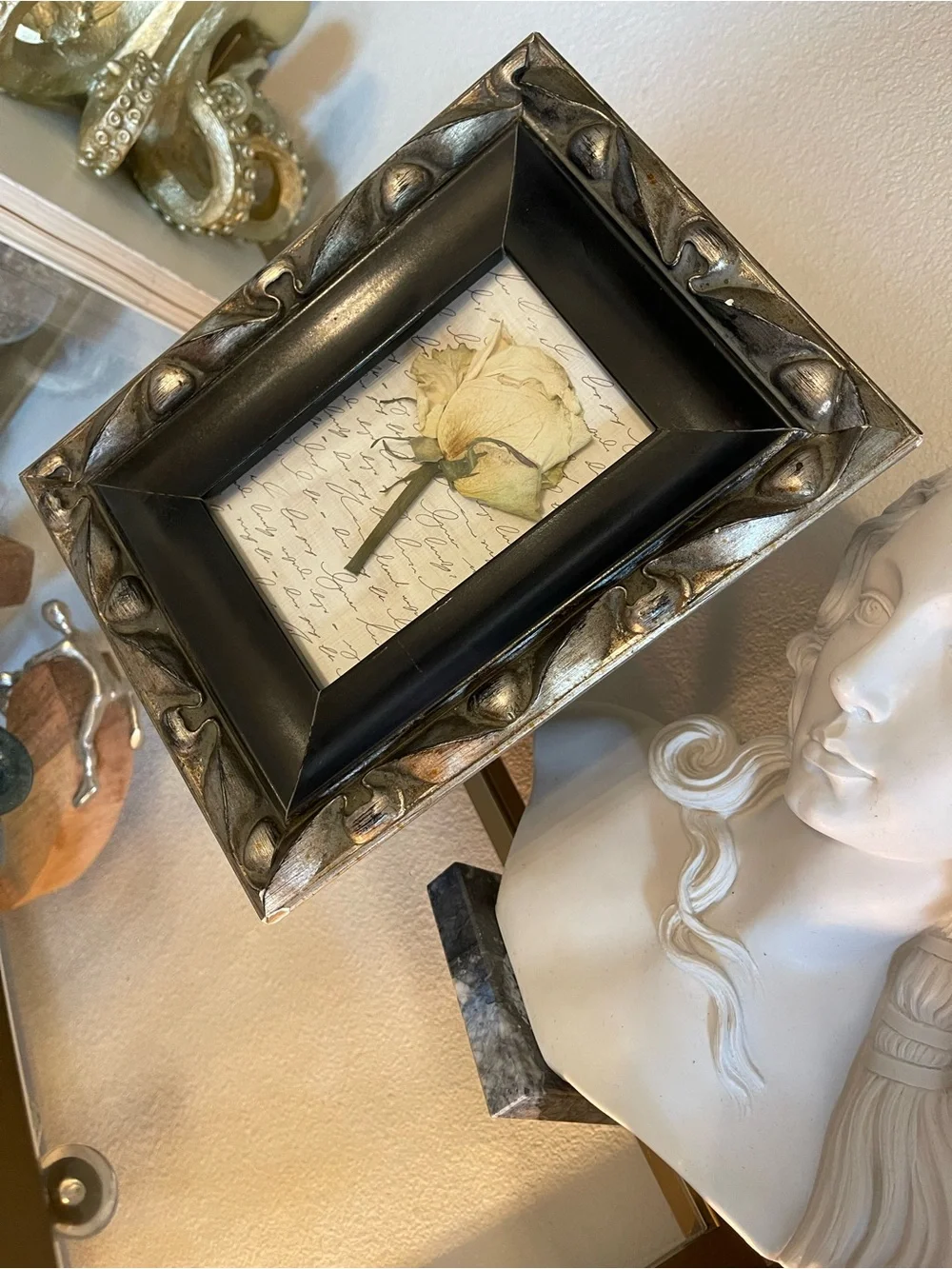 Decorative Black and Silver Photo Frame with Pressed Rose Accent